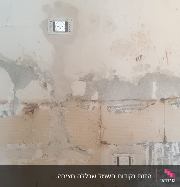 שני שקעי חשמל מותקנים על קיר מתקלף